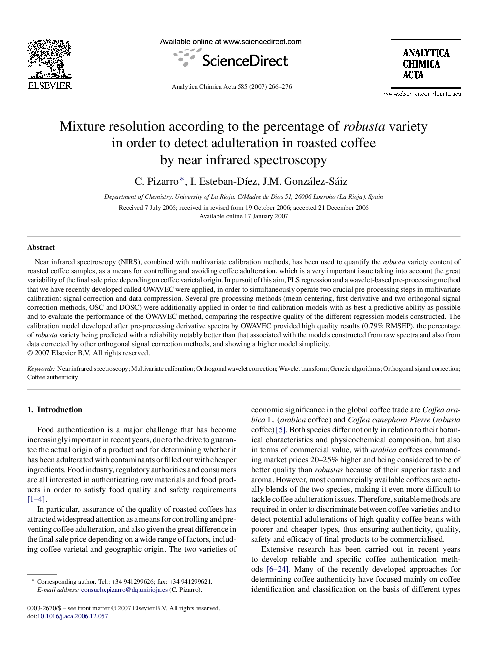 Mixture resolution according to the percentage of robusta variety in order to detect adulteration in roasted coffee by near infrared spectroscopy