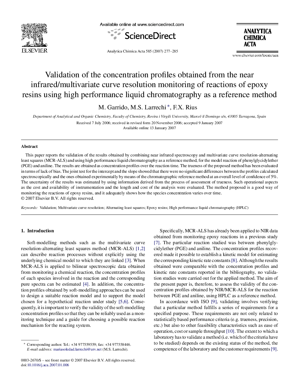 Validation of the concentration profiles obtained from the near infrared/multivariate curve resolution monitoring of reactions of epoxy resins using high performance liquid chromatography as a reference method