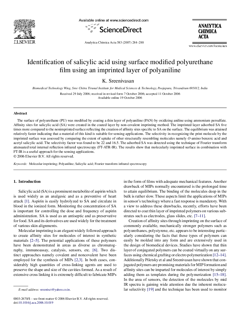 Identification of salicylic acid using surface modified polyurethane film using an imprinted layer of polyaniline