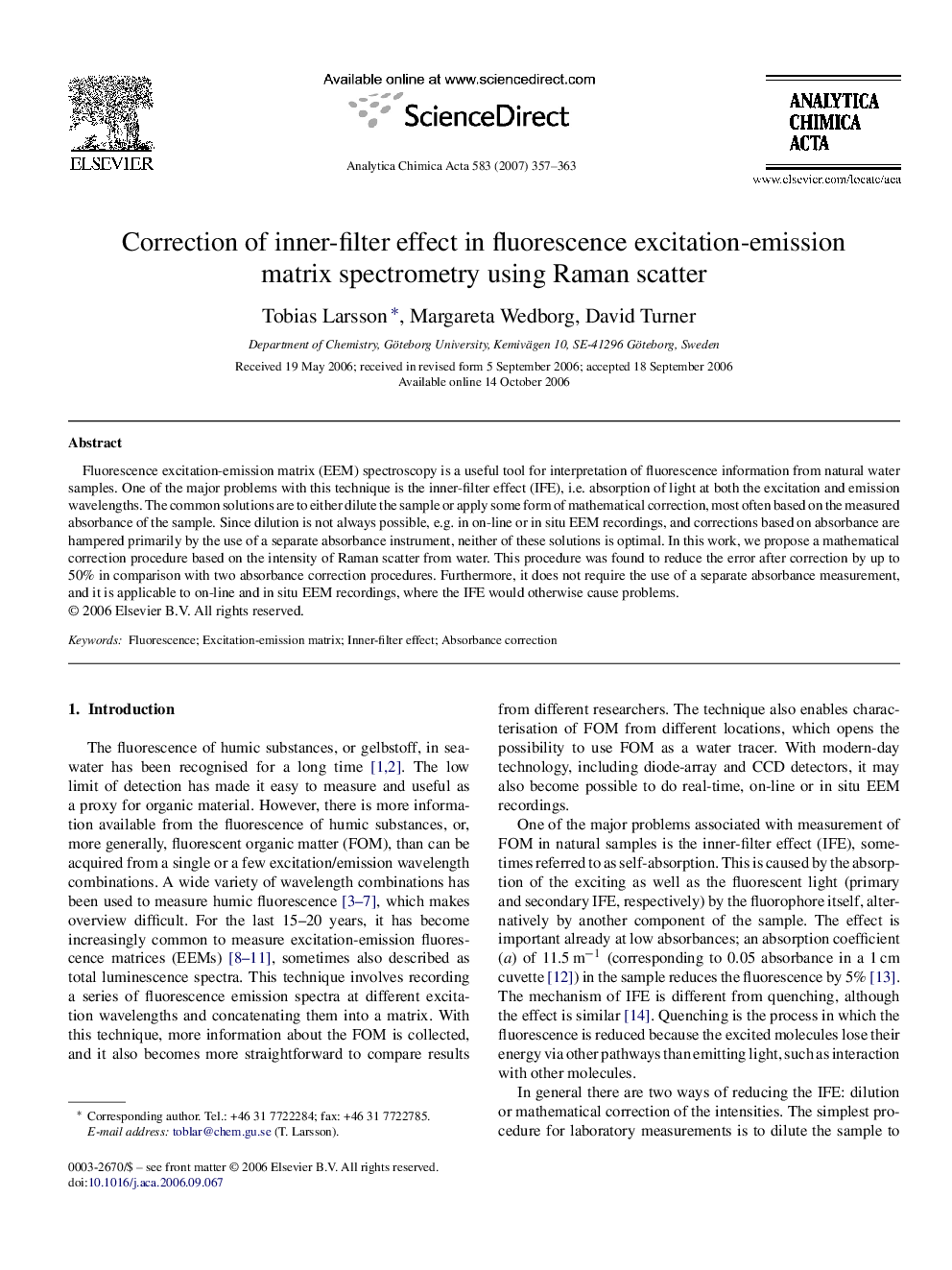 Correction of inner-filter effect in fluorescence excitation-emission matrix spectrometry using Raman scatter