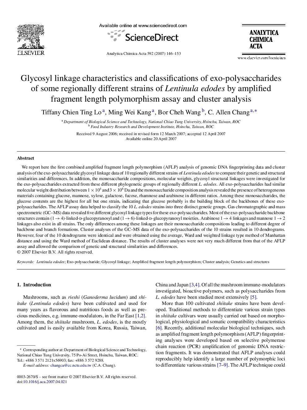 Glycosyl linkage characteristics and classifications of exo-polysaccharides of some regionally different strains of Lentinula edodes by amplified fragment length polymorphism assay and cluster analysis