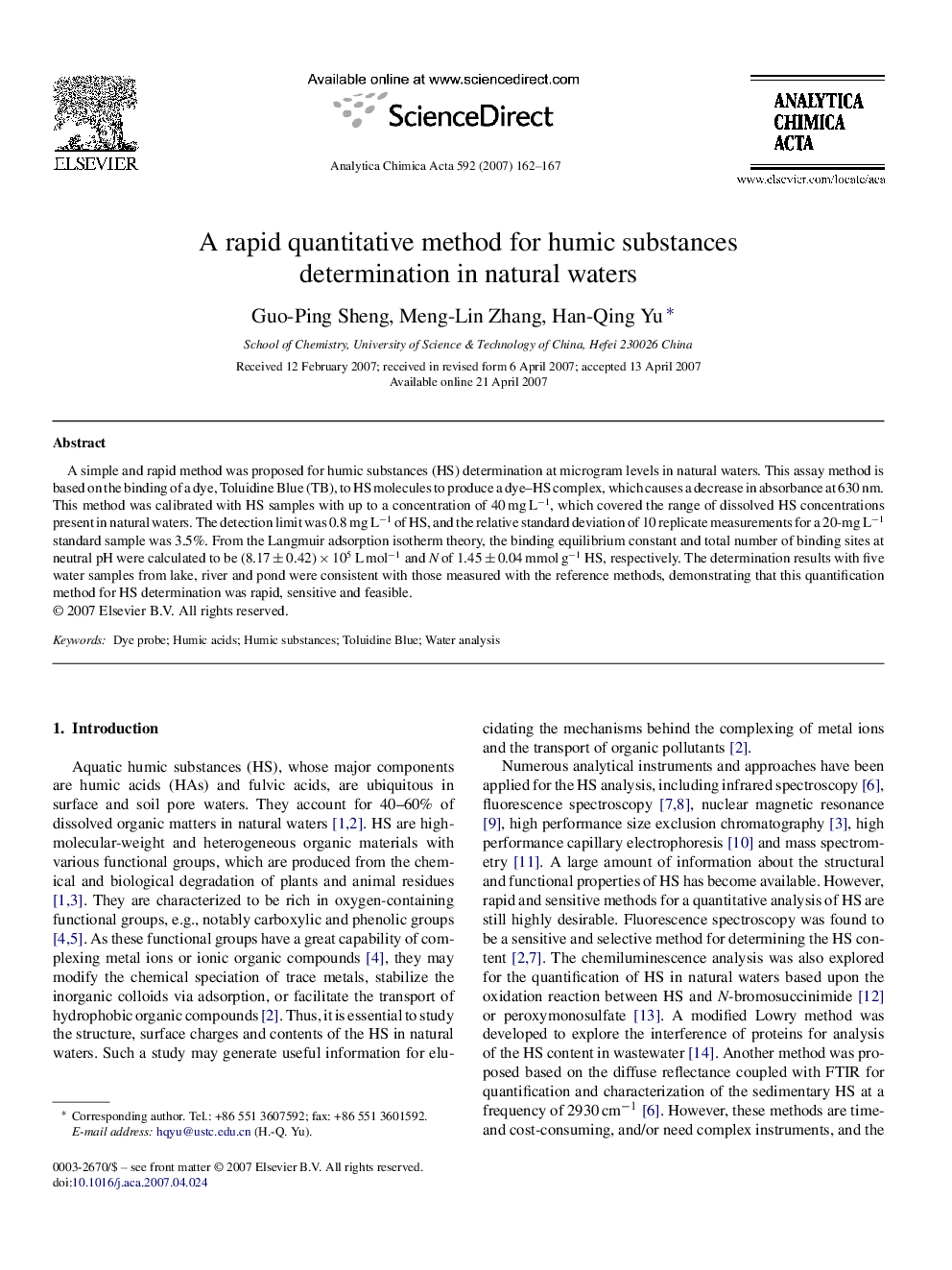 A rapid quantitative method for humic substances determination in natural waters