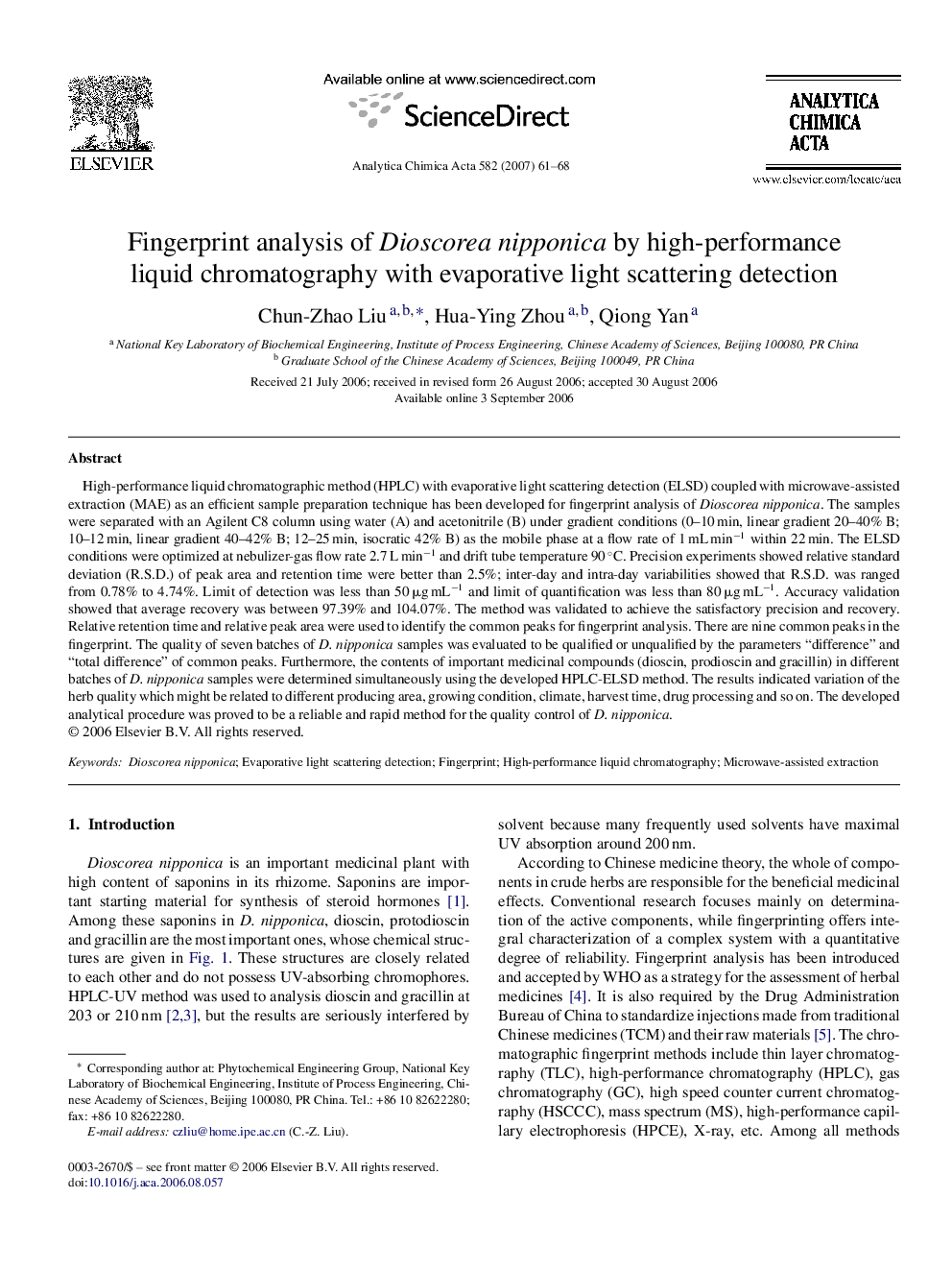 Fingerprint analysis of Dioscorea nipponica by high-performance liquid chromatography with evaporative light scattering detection