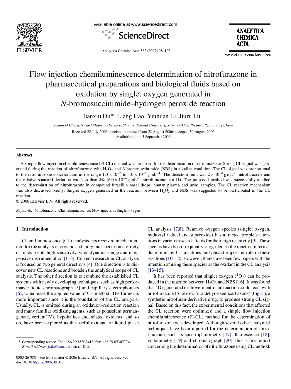 Flow injection chemiluminescence determination of nitrofurazone in pharmaceutical preparations and biological fluids based on oxidation by singlet oxygen generated in N-bromosuccinimide–hydrogen peroxide reaction