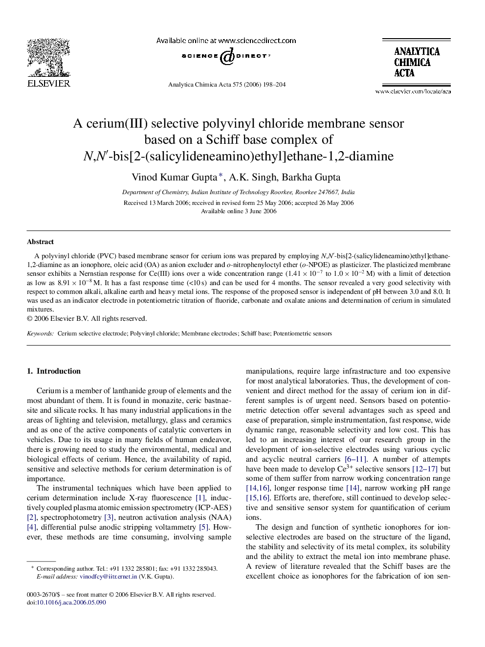 A cerium(III) selective polyvinyl chloride membrane sensor based on a Schiff base complex of N,N′-bis[2-(salicylideneamino)ethyl]ethane-1,2-diamine
