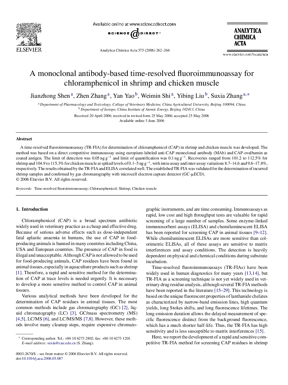 A monoclonal antibody-based time-resolved fluoroimmunoassay for chloramphenicol in shrimp and chicken muscle