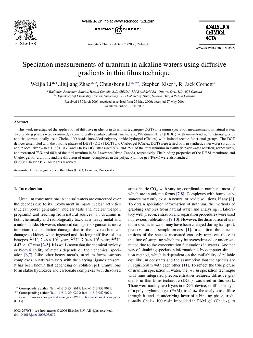 Speciation measurements of uranium in alkaline waters using diffusive gradients in thin films technique