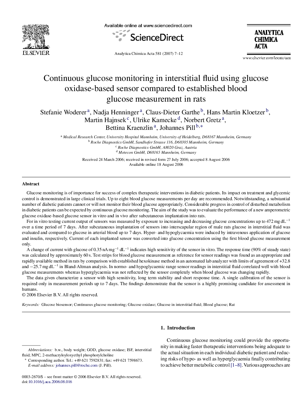 Continuous glucose monitoring in interstitial fluid using glucose oxidase-based sensor compared to established blood glucose measurement in rats