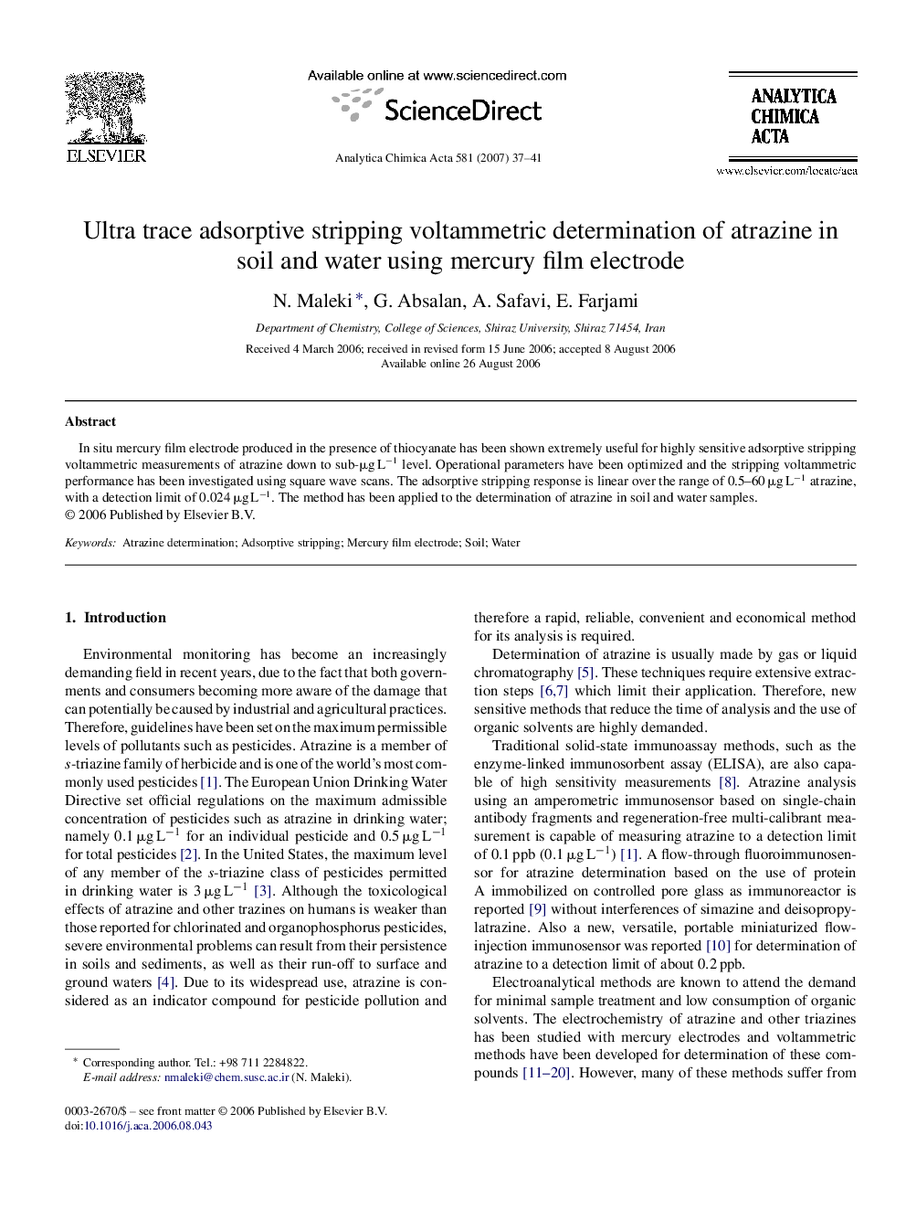 Ultra trace adsorptive stripping voltammetric determination of atrazine in soil and water using mercury film electrode