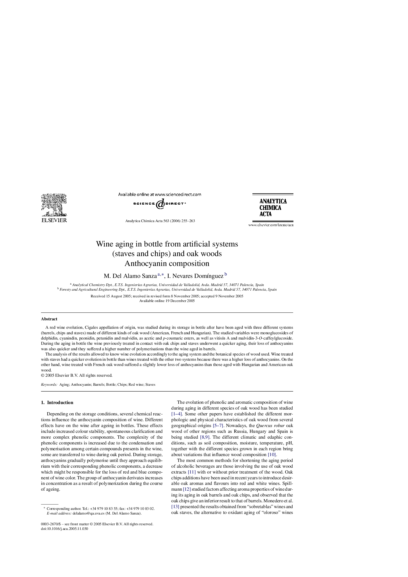 Wine aging in bottle from artificial systems (staves and chips) and oak woods: Anthocyanin composition