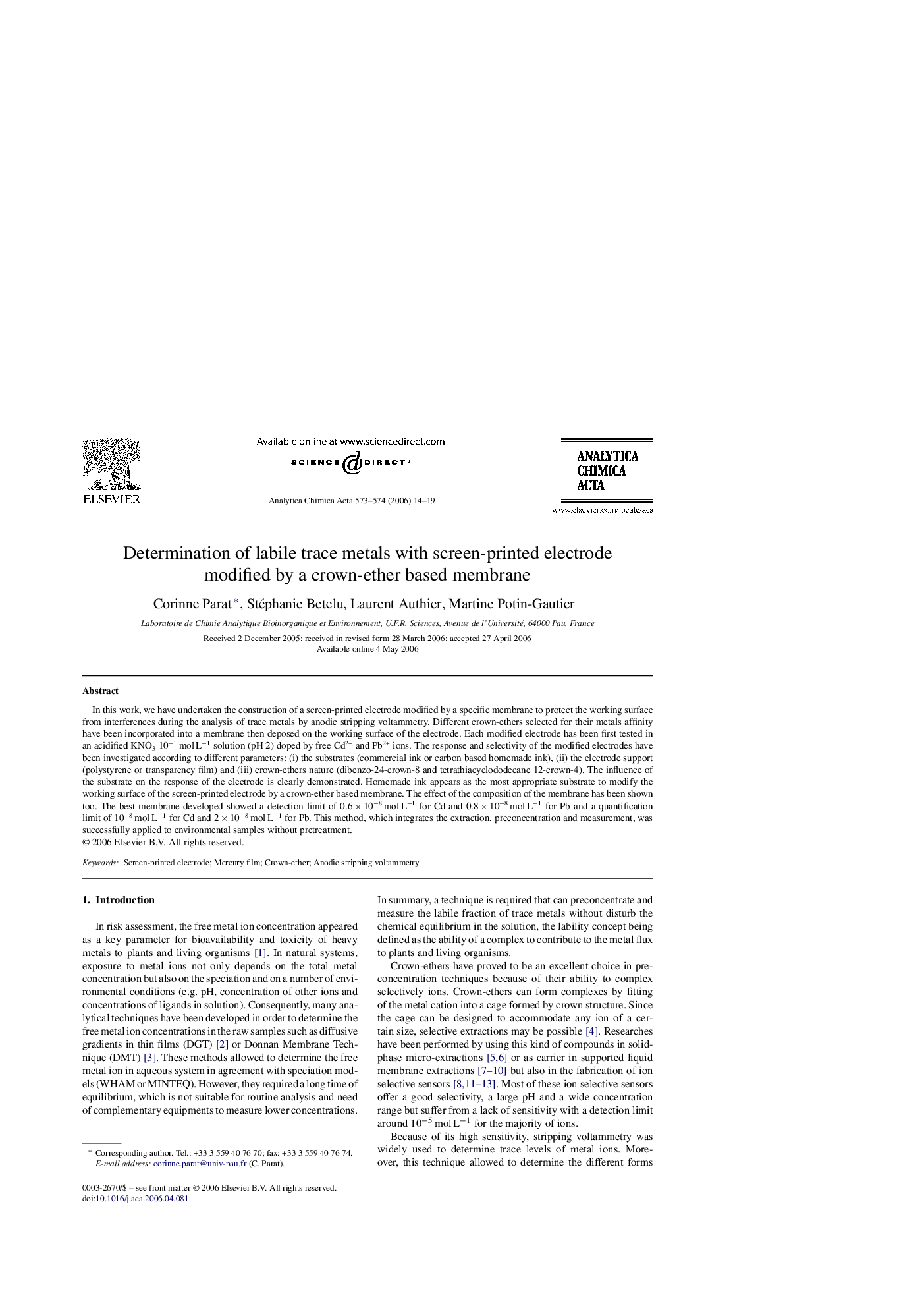 Determination of labile trace metals with screen-printed electrode modified by a crown-ether based membrane