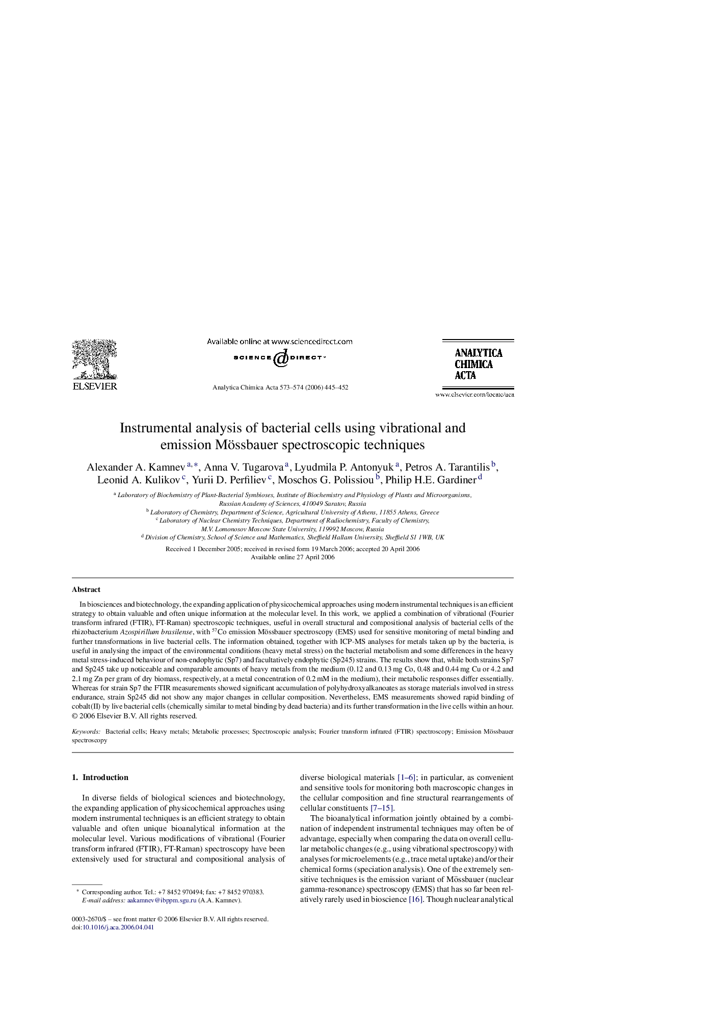 Instrumental analysis of bacterial cells using vibrational and emission Mössbauer spectroscopic techniques