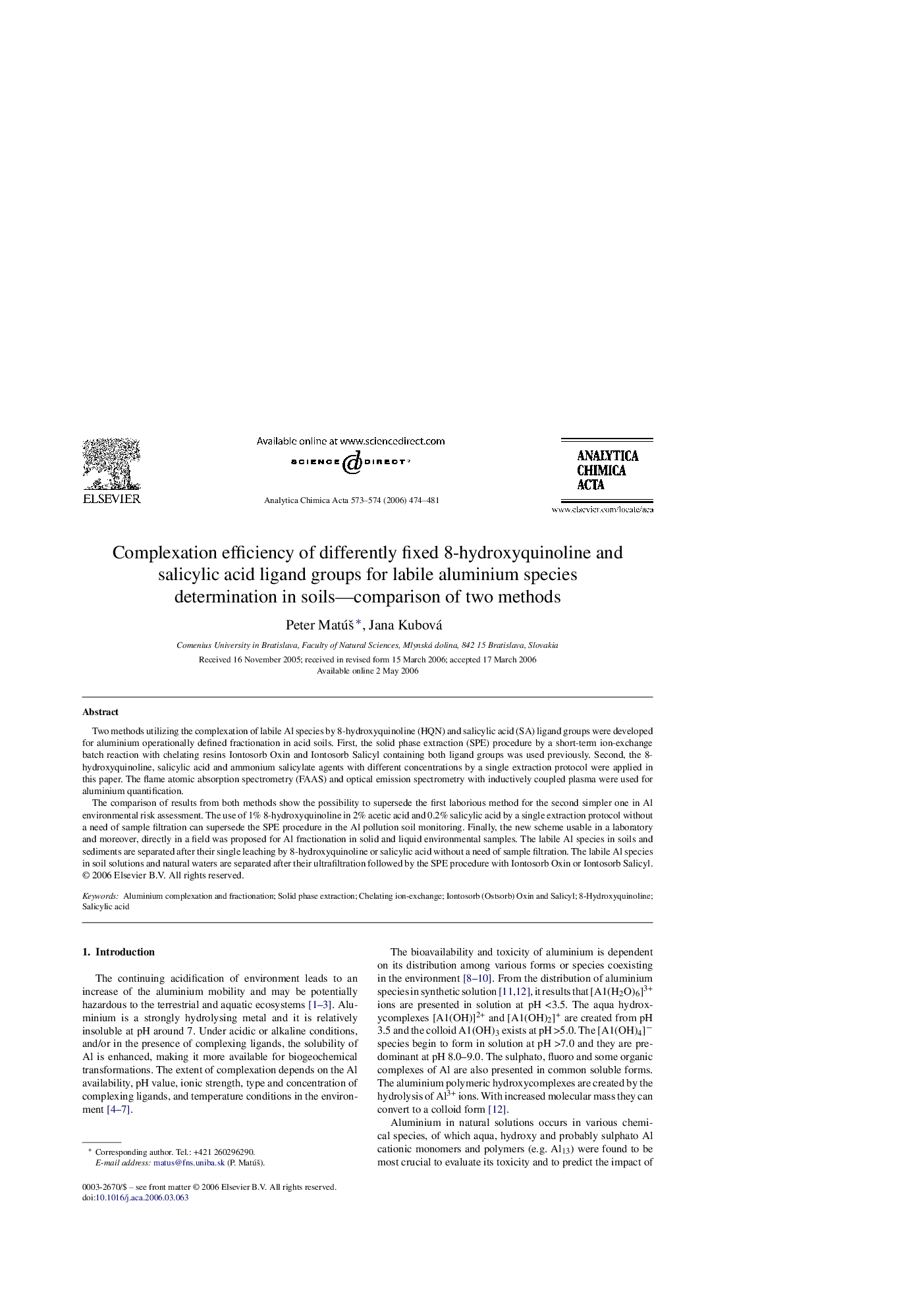 Complexation efficiency of differently fixed 8-hydroxyquinoline and salicylic acid ligand groups for labile aluminium species determination in soils-comparison of two methods