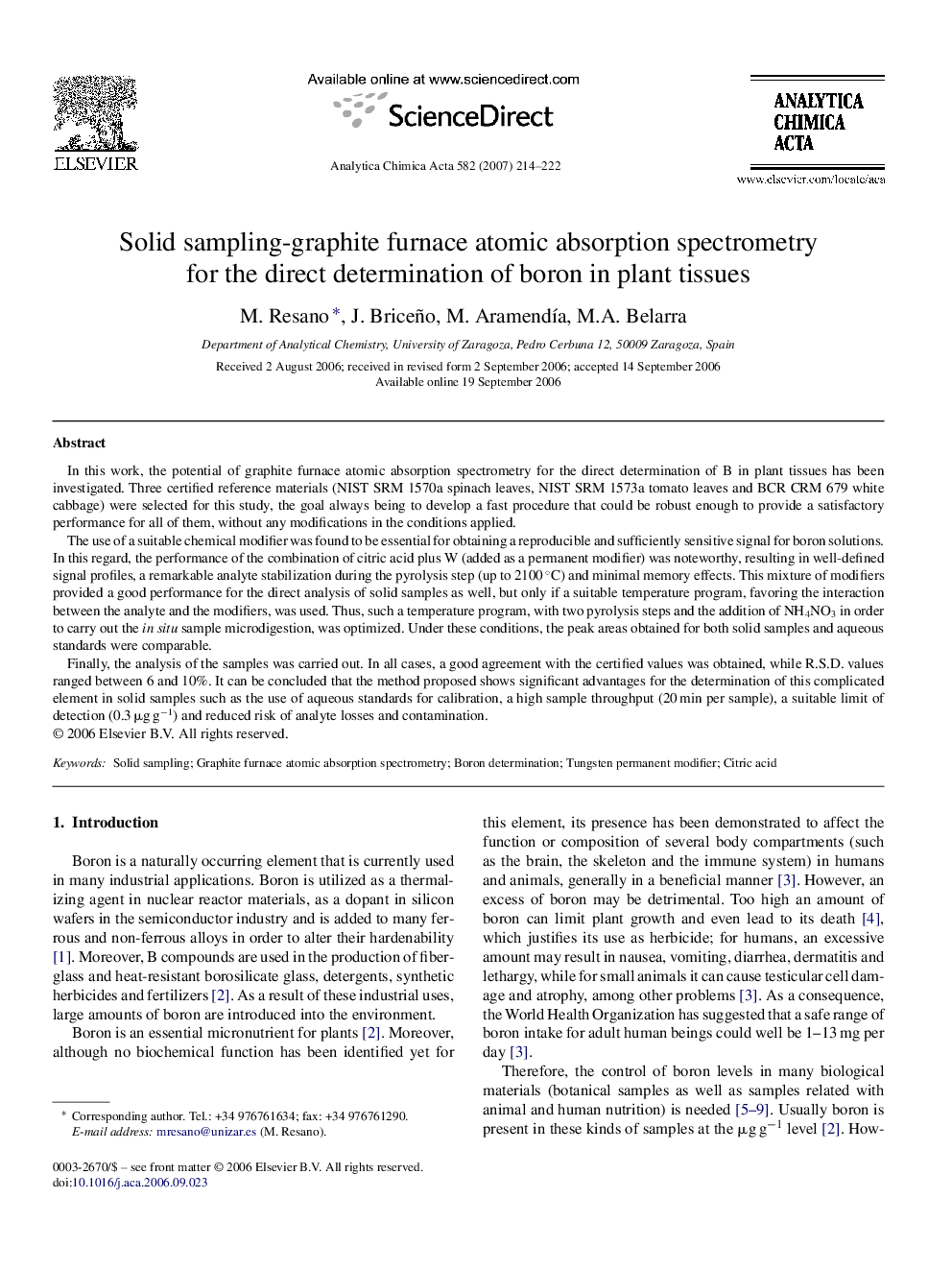 Solid sampling-graphite furnace atomic absorption spectrometry for the direct determination of boron in plant tissues