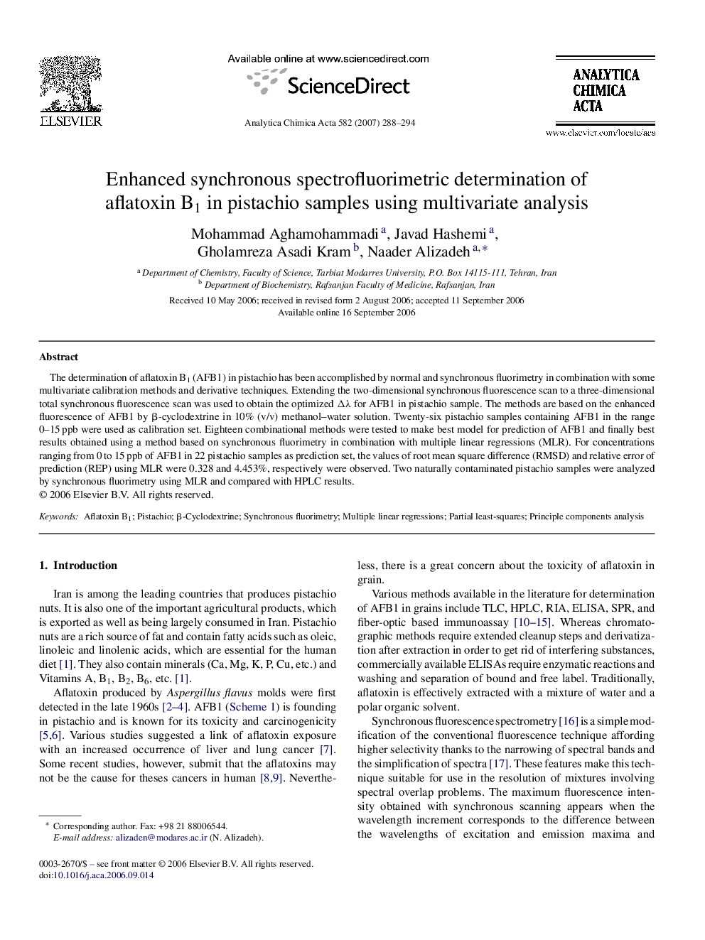 Enhanced synchronous spectrofluorimetric determination of aflatoxin B1 in pistachio samples using multivariate analysis