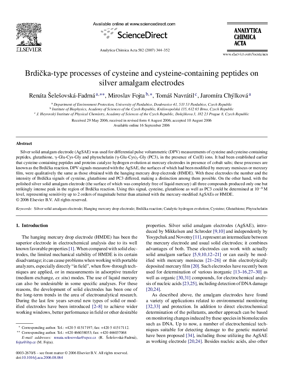 Brdička-type processes of cysteine and cysteine-containing peptides on silver amalgam electrodes