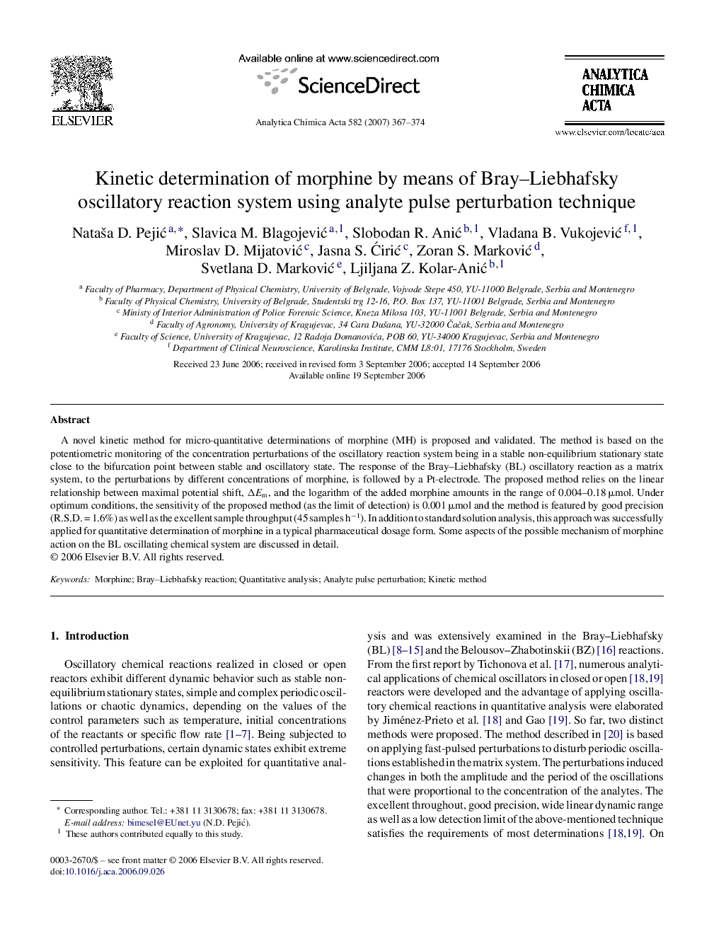 Kinetic determination of morphine by means of Bray–Liebhafsky oscillatory reaction system using analyte pulse perturbation technique