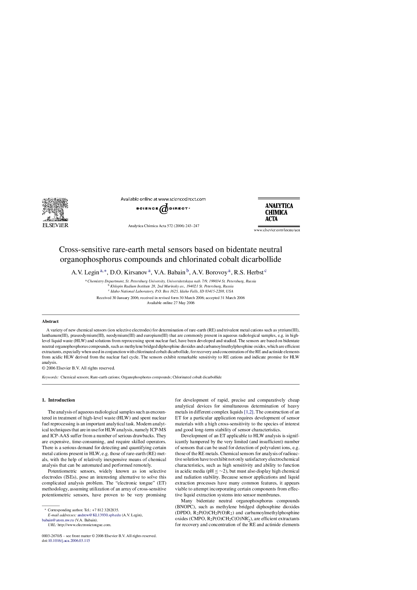 Cross-sensitive rare-earth metal sensors based on bidentate neutral organophosphorus compounds and chlorinated cobalt dicarbollide