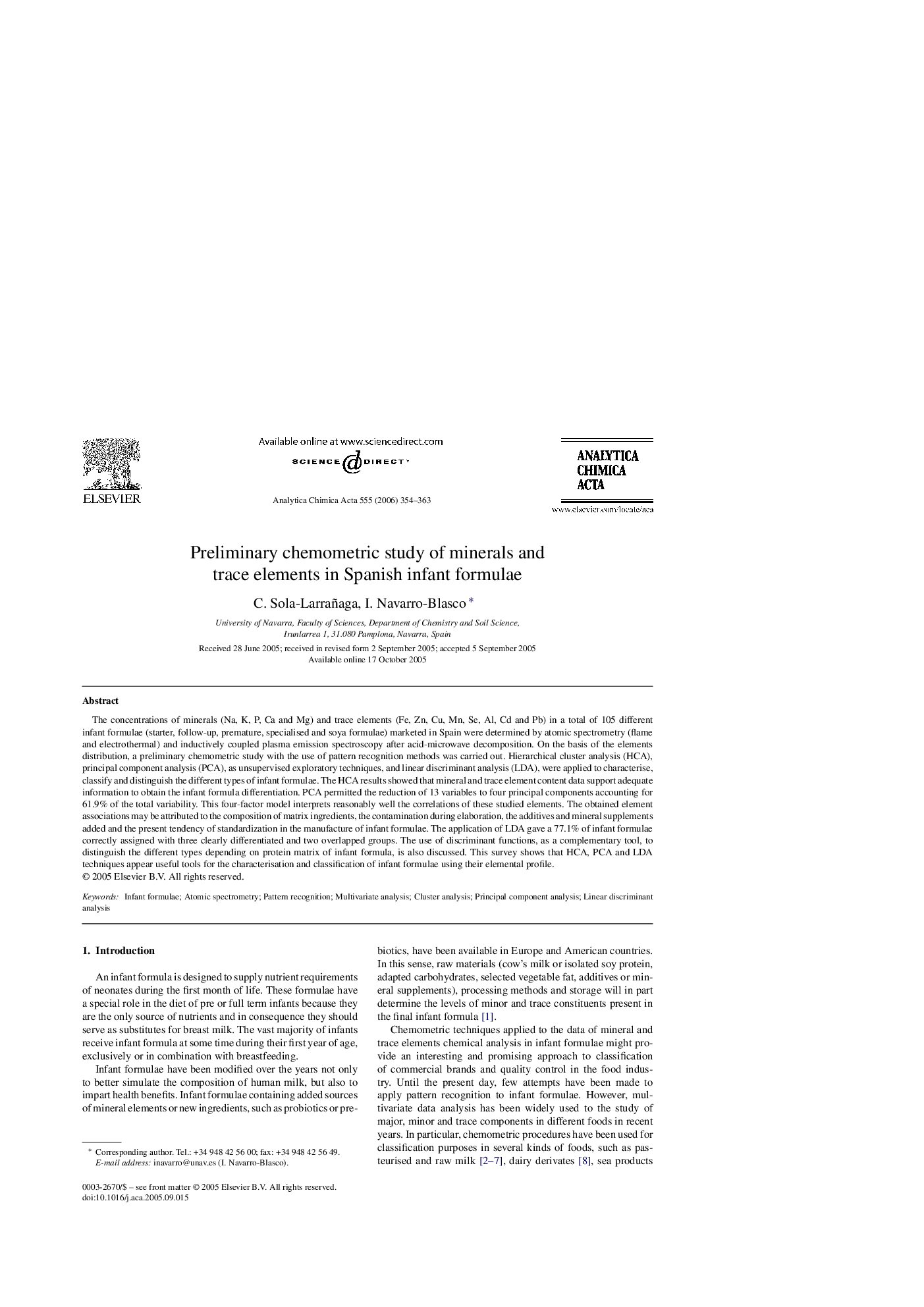 Preliminary chemometric study of minerals and trace elements in Spanish infant formulae