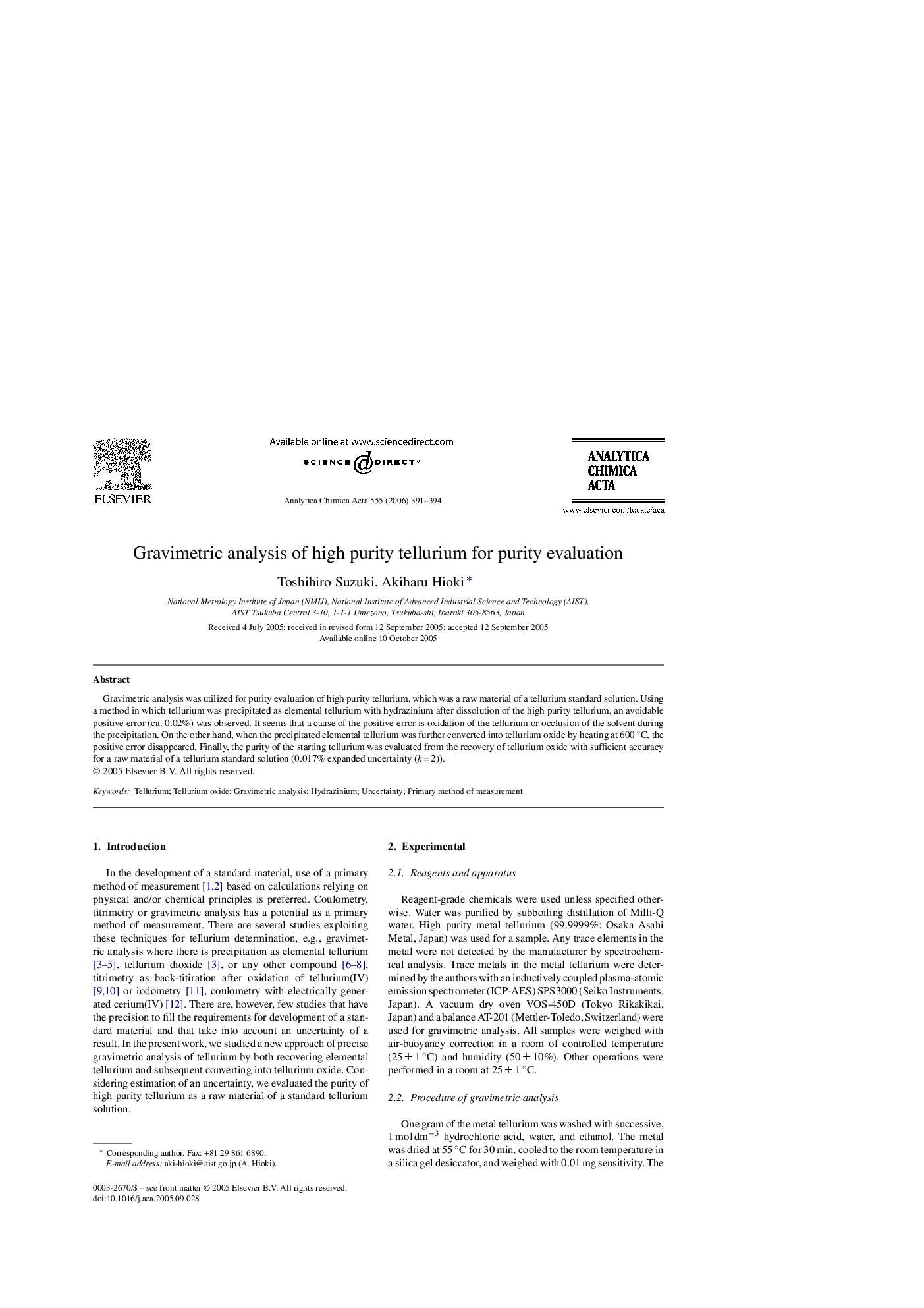 Gravimetric analysis of high purity tellurium for purity evaluation