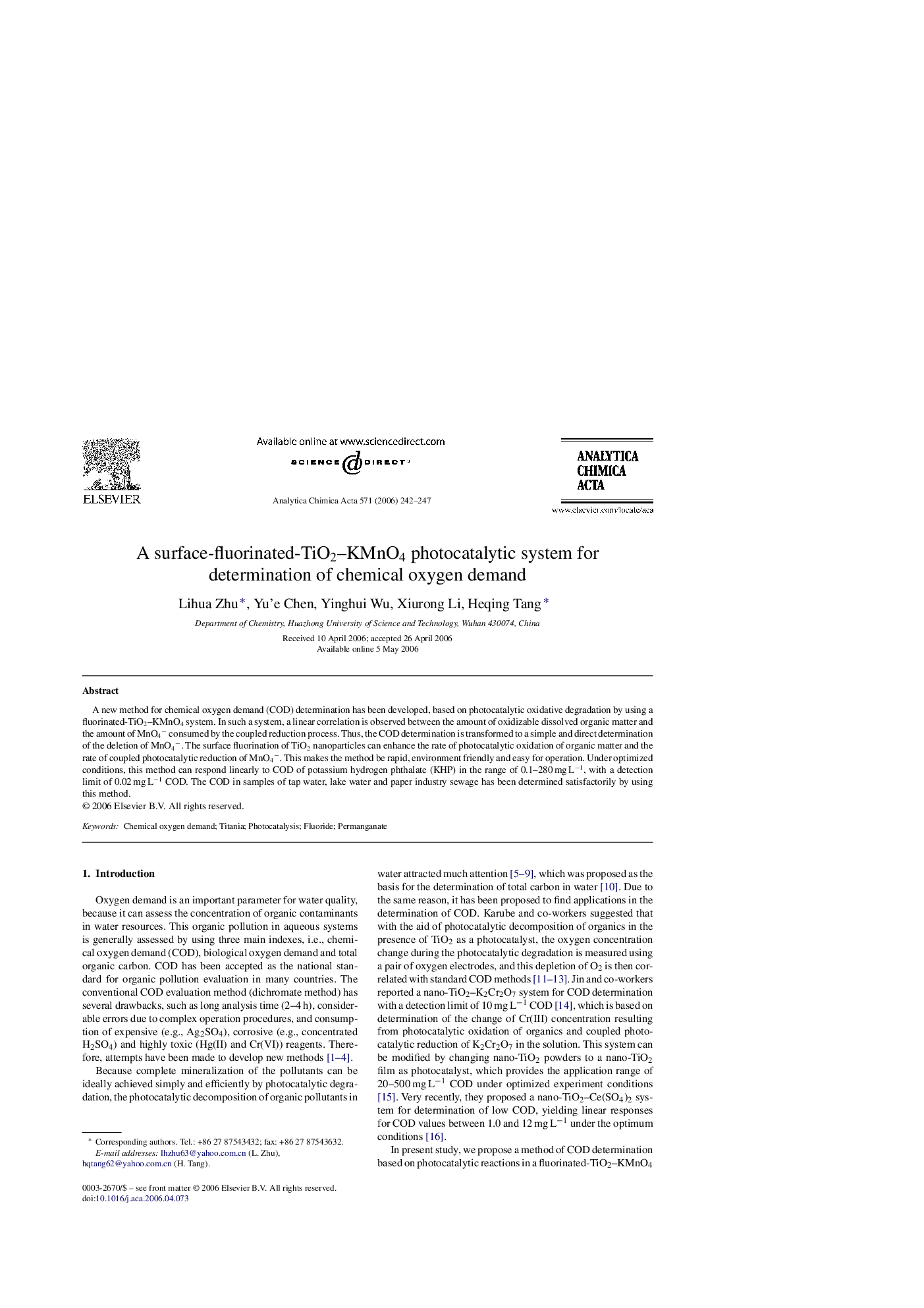 A surface-fluorinated-TiO2–KMnO4 photocatalytic system for determination of chemical oxygen demand