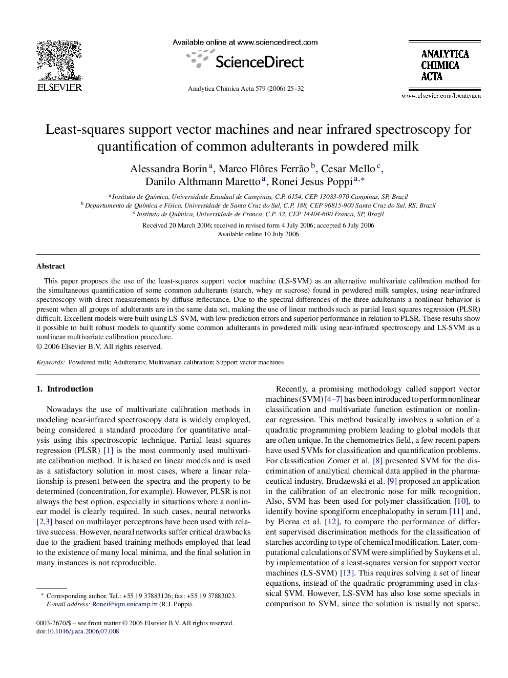 Least-squares support vector machines and near infrared spectroscopy for quantification of common adulterants in powdered milk