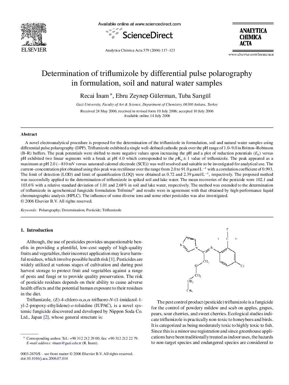 Determination of triflumizole by differential pulse polarography in formulation, soil and natural water samples