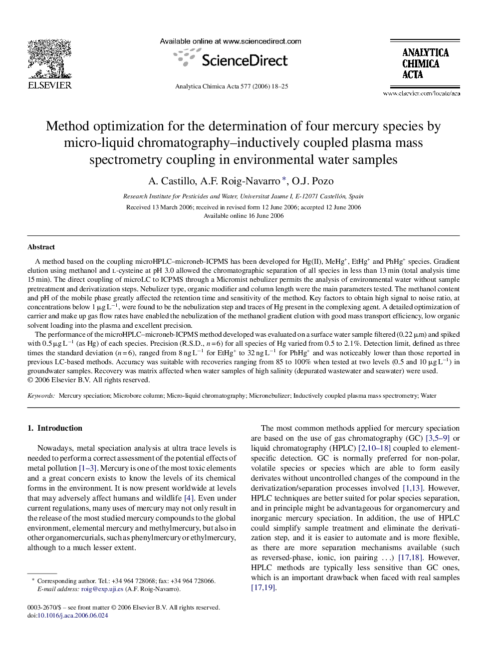 Method optimization for the determination of four mercury species by micro-liquid chromatography–inductively coupled plasma mass spectrometry coupling in environmental water samples