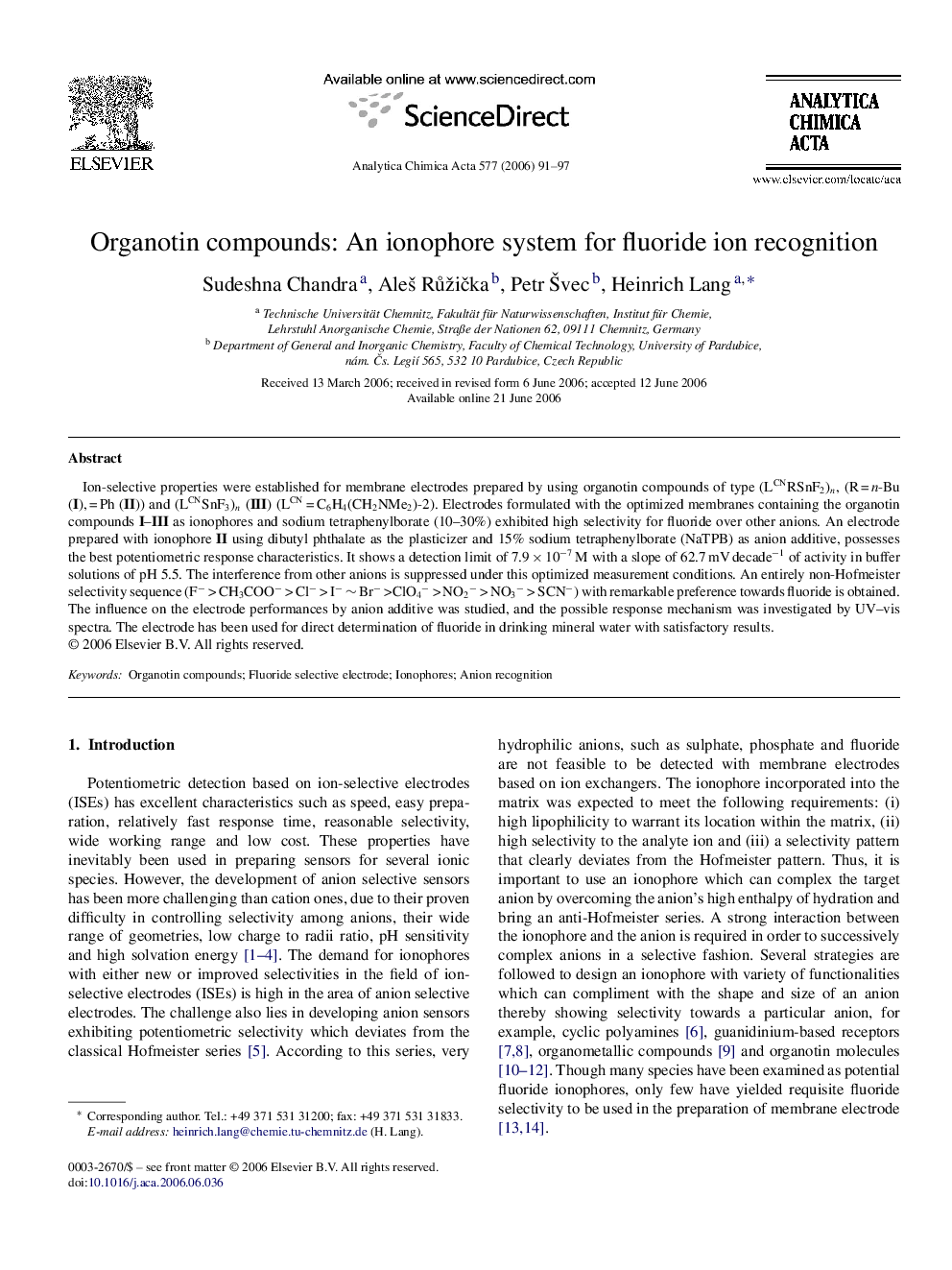 Organotin compounds: An ionophore system for fluoride ion recognition