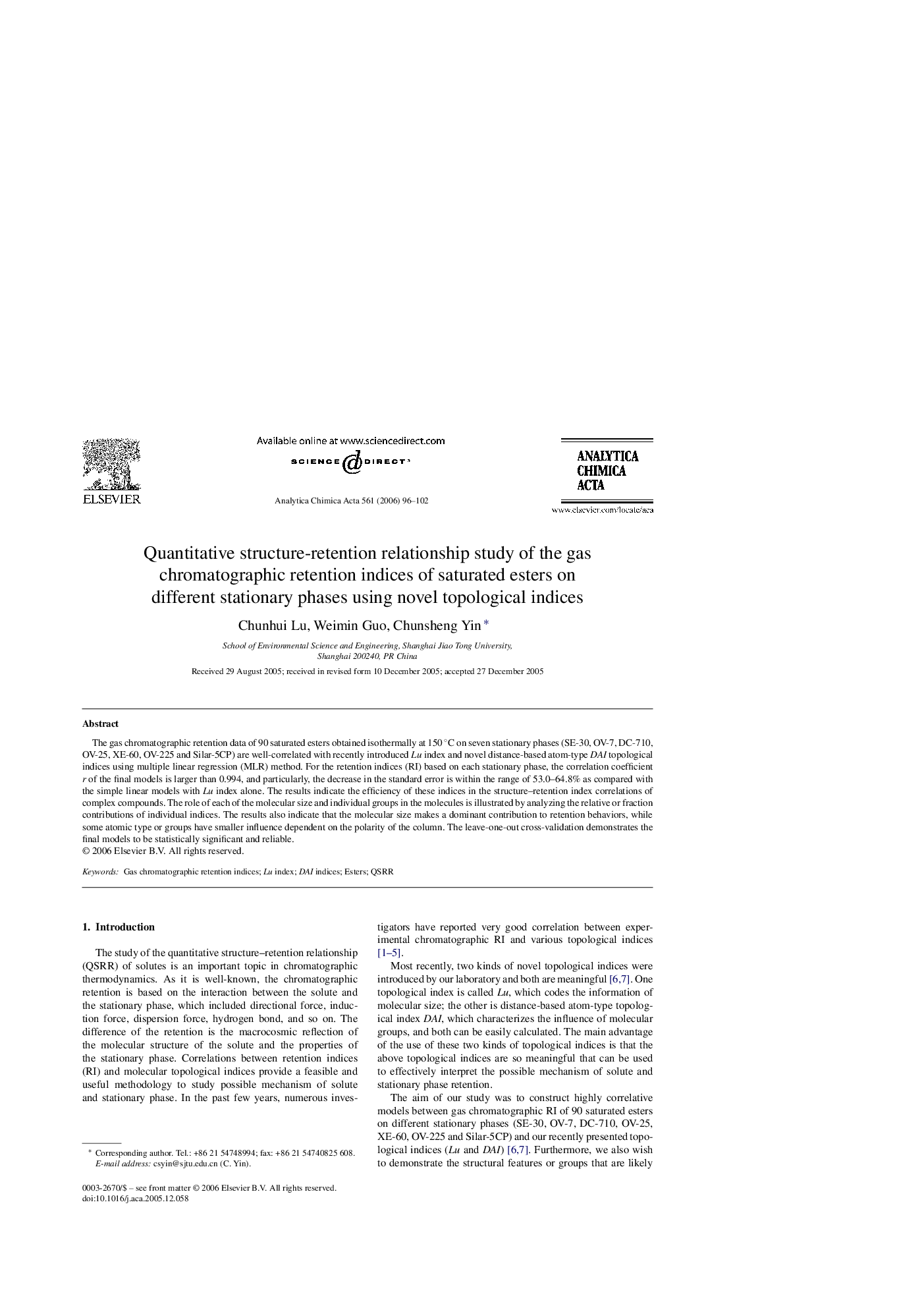 Quantitative structure-retention relationship study of the gas chromatographic retention indices of saturated esters on different stationary phases using novel topological indices