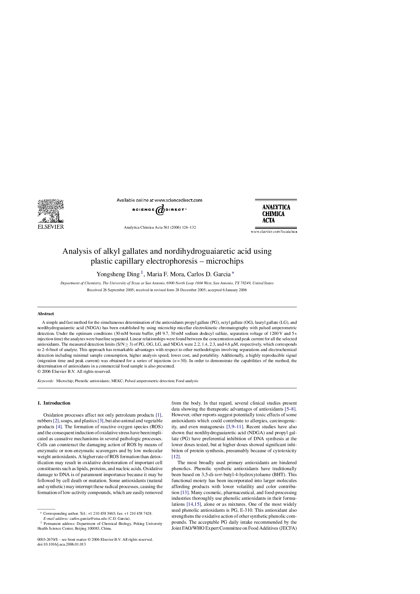 Analysis of alkyl gallates and nordihydroguaiaretic acid using plastic capillary electrophoresis - microchips