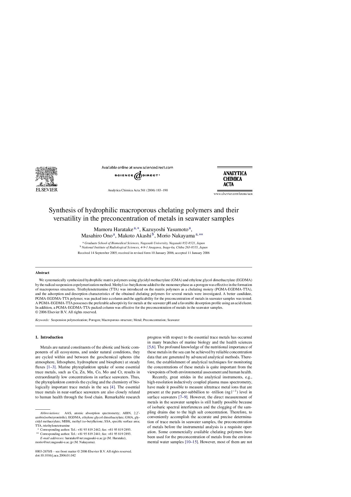 Synthesis of hydrophilic macroporous chelating polymers and their versatility in the preconcentration of metals in seawater samples