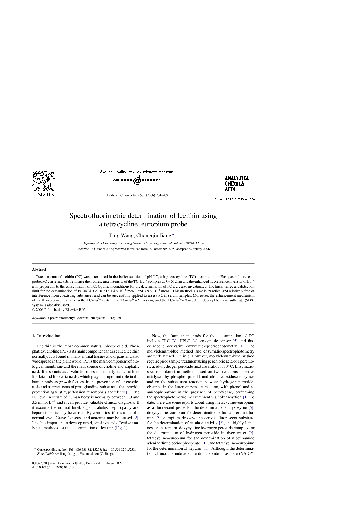 Spectrofluorimetric determination of lecithin using a tetracycline–europium probe