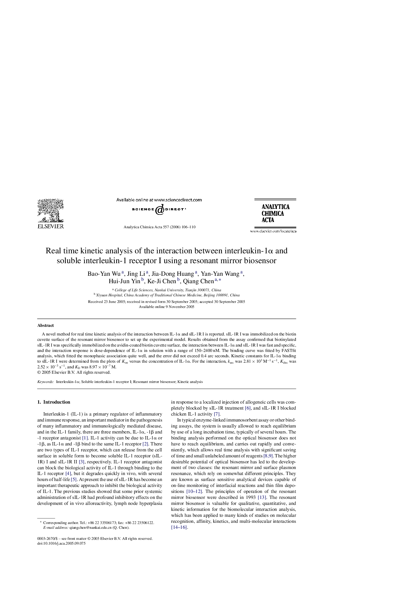 Real time kinetic analysis of the interaction between interleukin-1α and soluble interleukin-1 receptor I using a resonant mirror biosensor