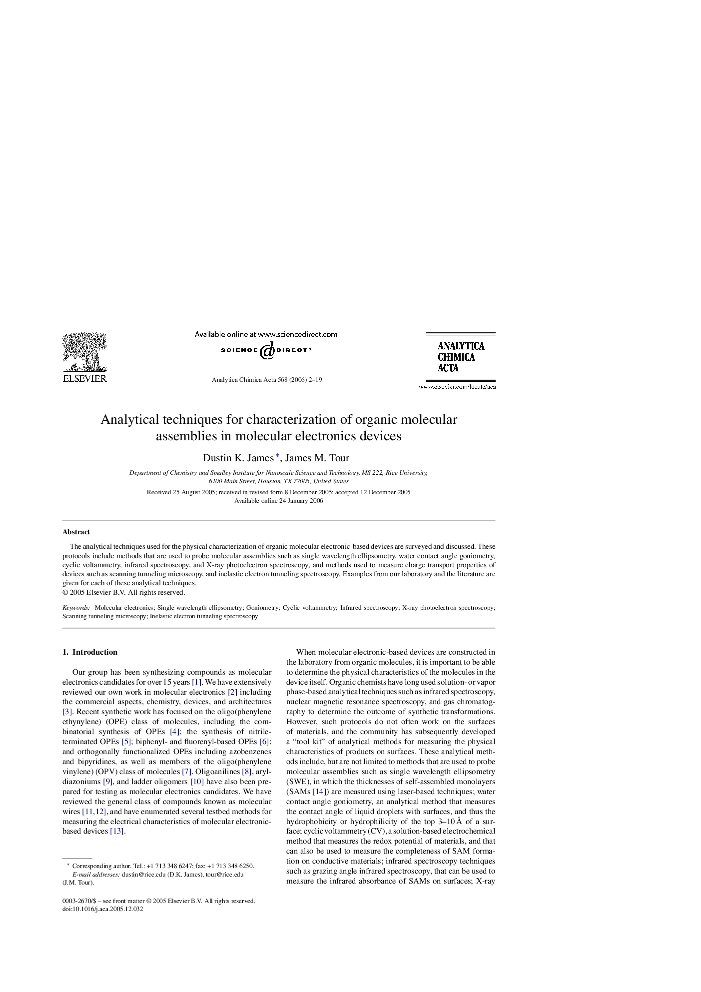 Analytical techniques for characterization of organic molecular assemblies in molecular electronics devices