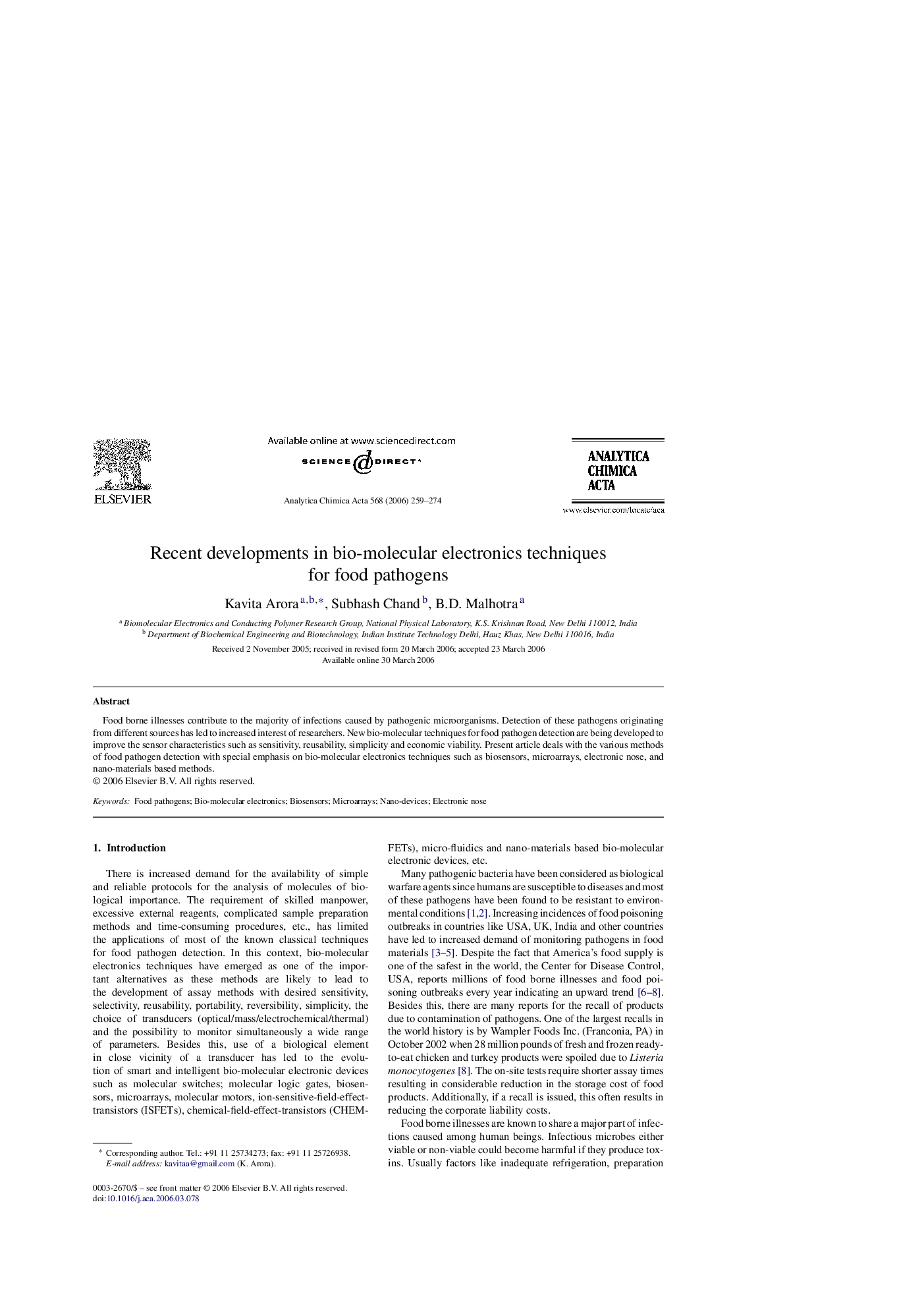 Recent developments in bio-molecular electronics techniques for food pathogens