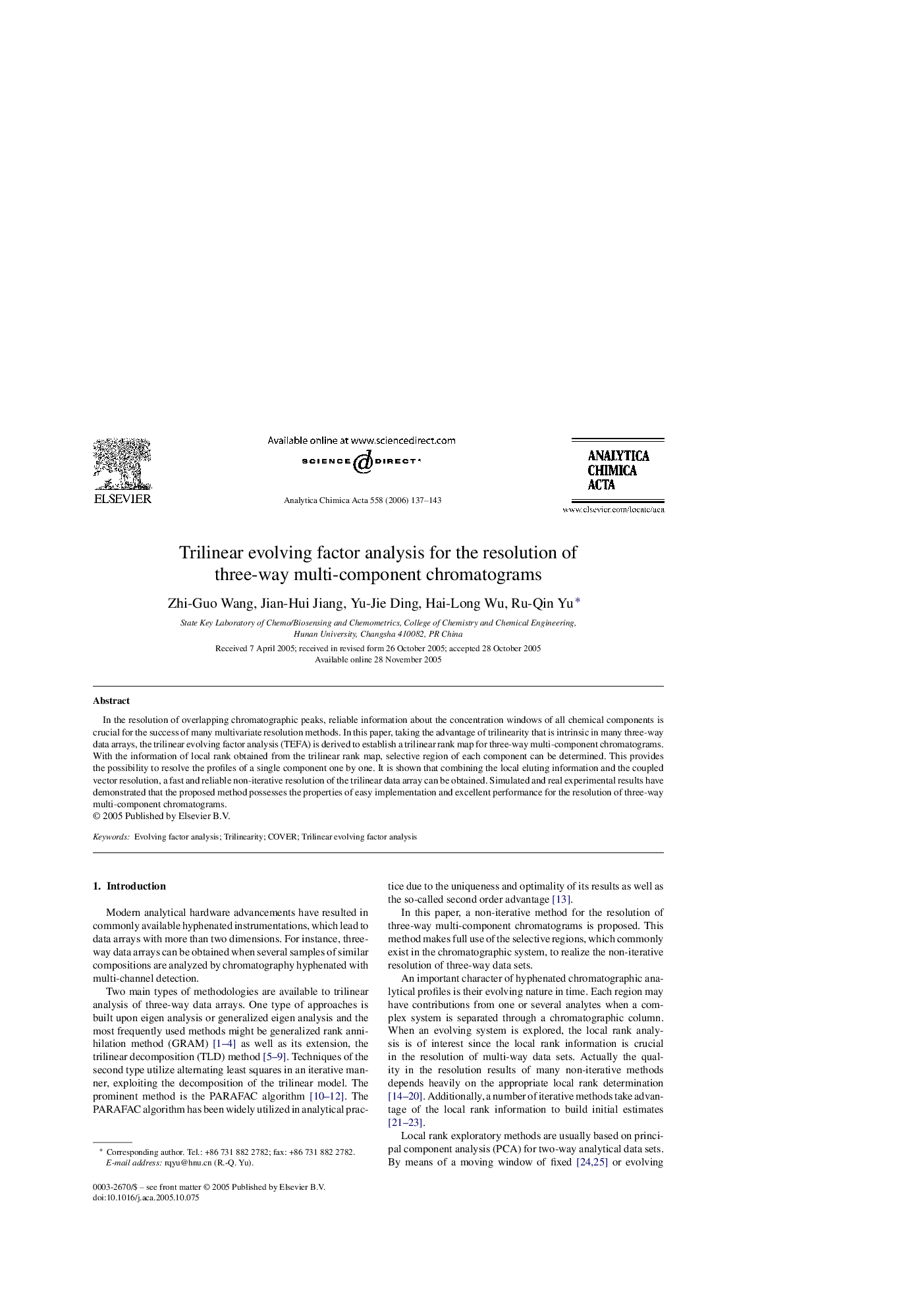 Trilinear evolving factor analysis for the resolution of three-way multi-component chromatograms