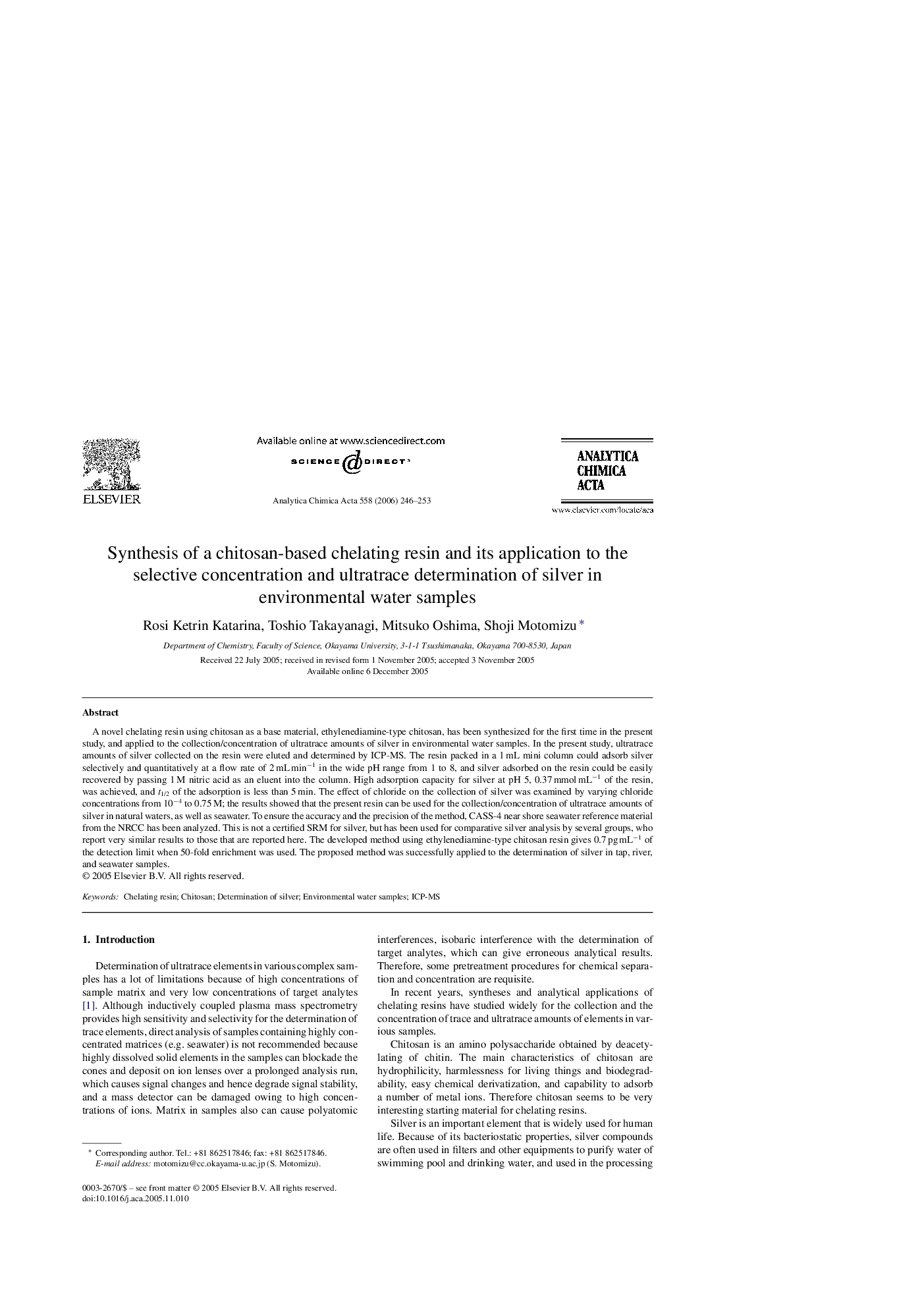 Synthesis of a chitosan-based chelating resin and its application to the selective concentration and ultratrace determination of silver in environmental water samples