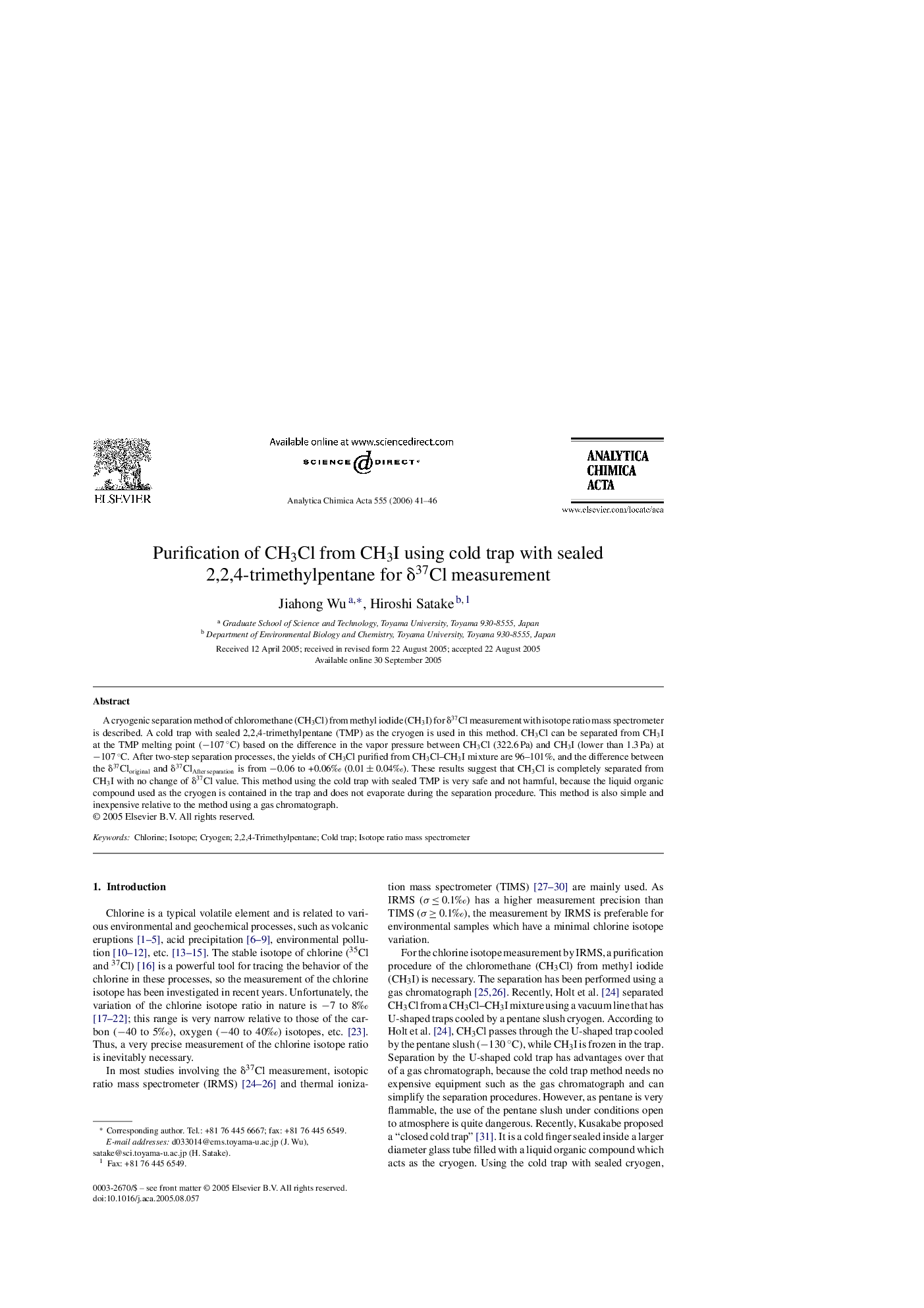 Purification of CH3Cl from CH3I using cold trap with sealed 2,2,4-trimethylpentane for δ37Cl measurement