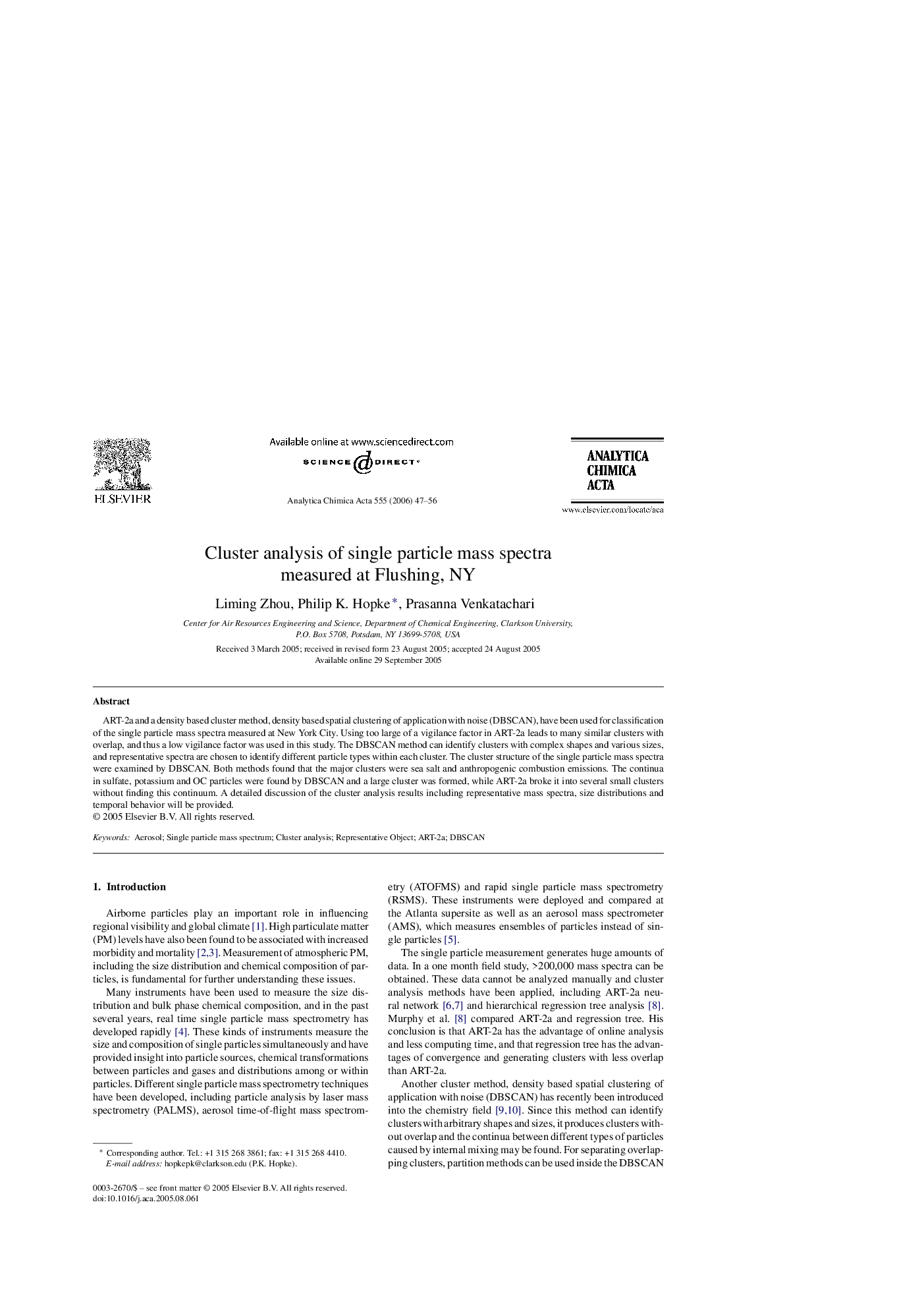 Cluster analysis of single particle mass spectra measured at Flushing, NY