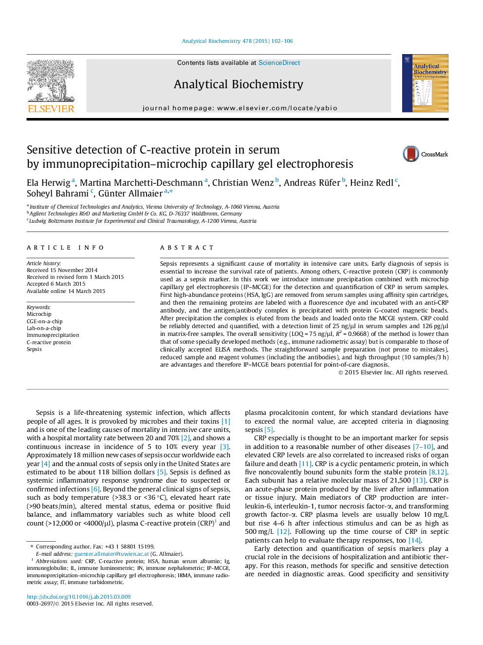 Sensitive detection of C-reactive protein in serum by immunoprecipitation–microchip capillary gel electrophoresis