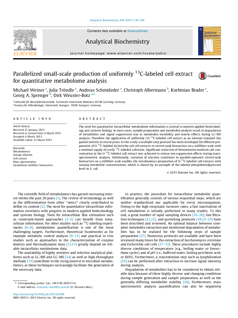 Parallelized small-scale production of uniformly 13C-labeled cell extract for quantitative metabolome analysis