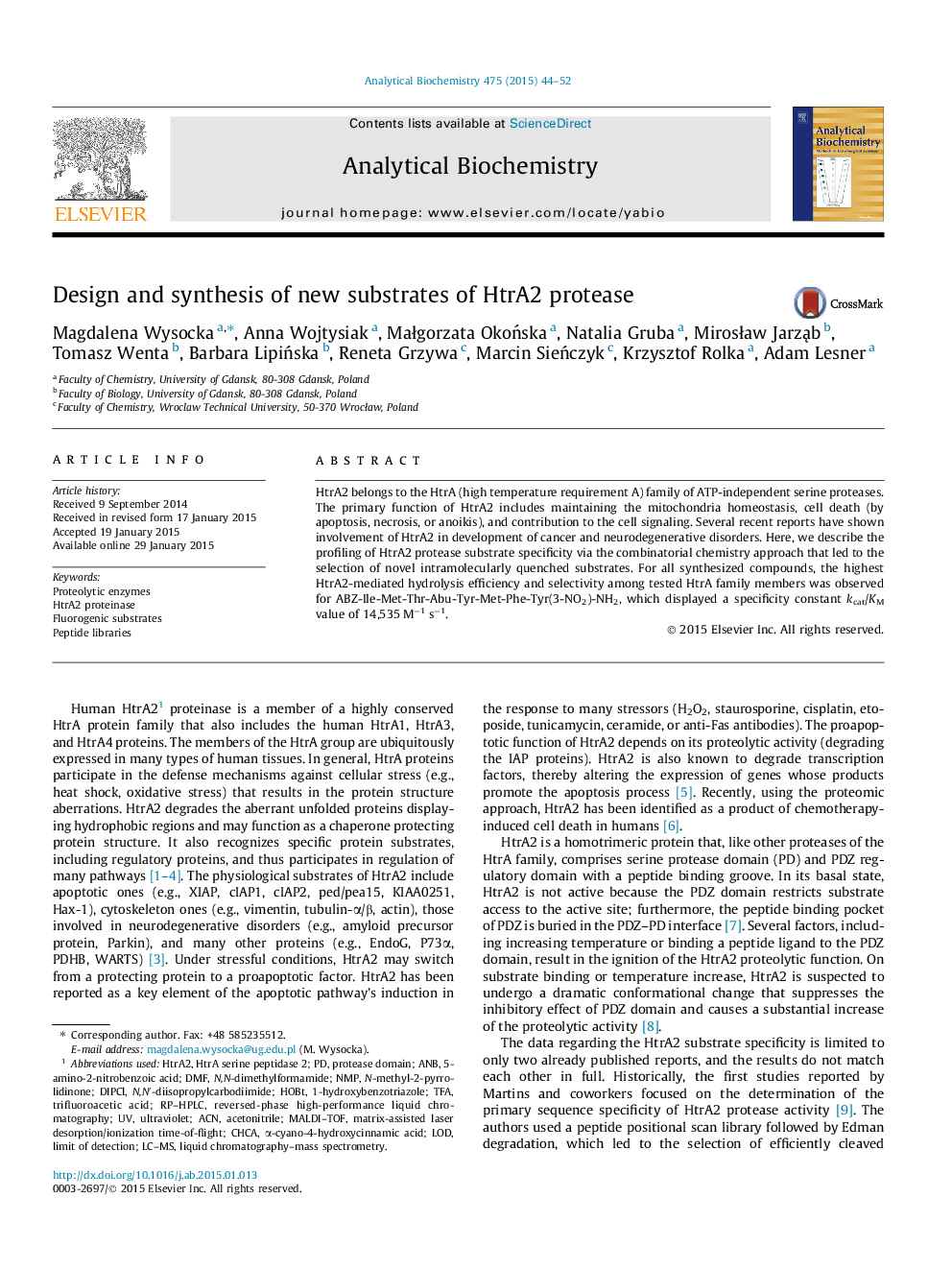 Design and synthesis of new substrates of HtrA2 protease