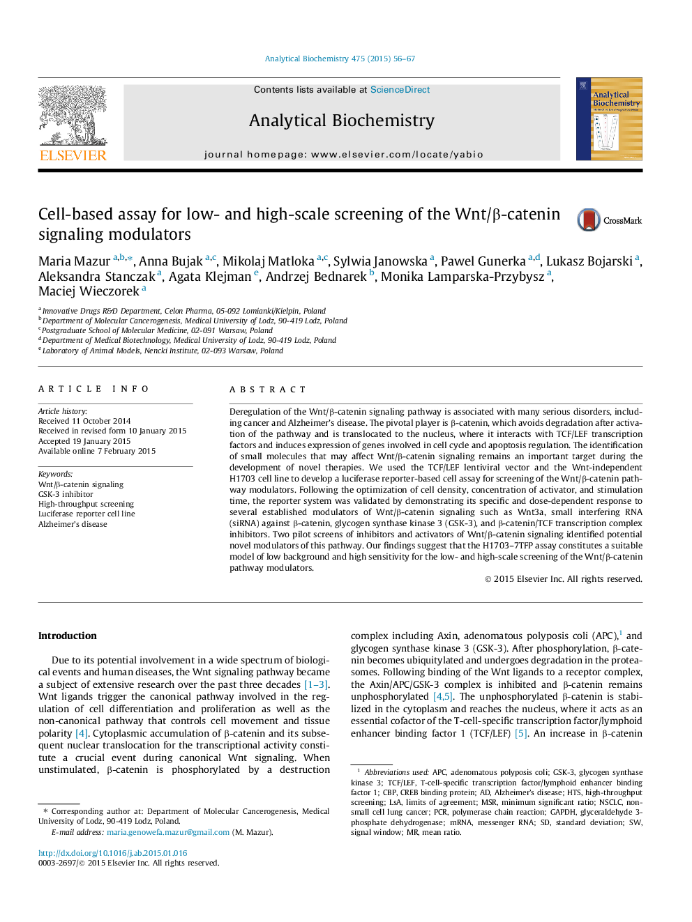 Cell-based assay for low- and high-scale screening of the Wnt/β-catenin signaling modulators