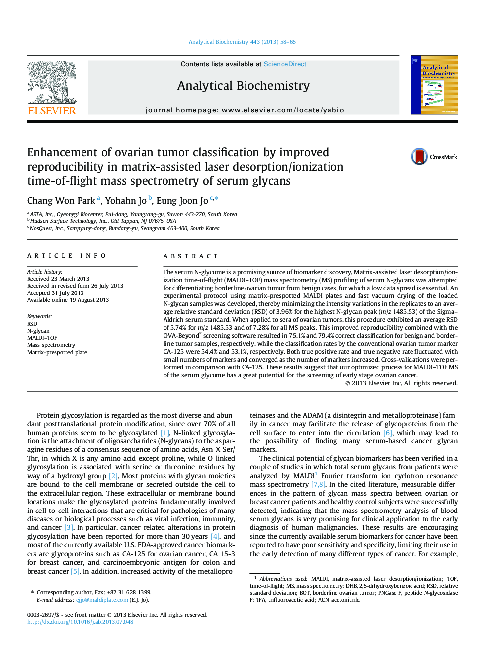 Enhancement of ovarian tumor classification by improved reproducibility in matrix-assisted laser desorption/ionization time-of-flight mass spectrometry of serum glycans