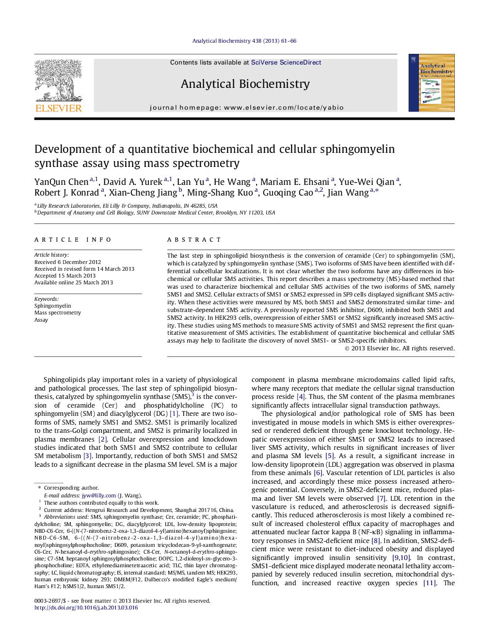 Development of a quantitative biochemical and cellular sphingomyelin synthase assay using mass spectrometry