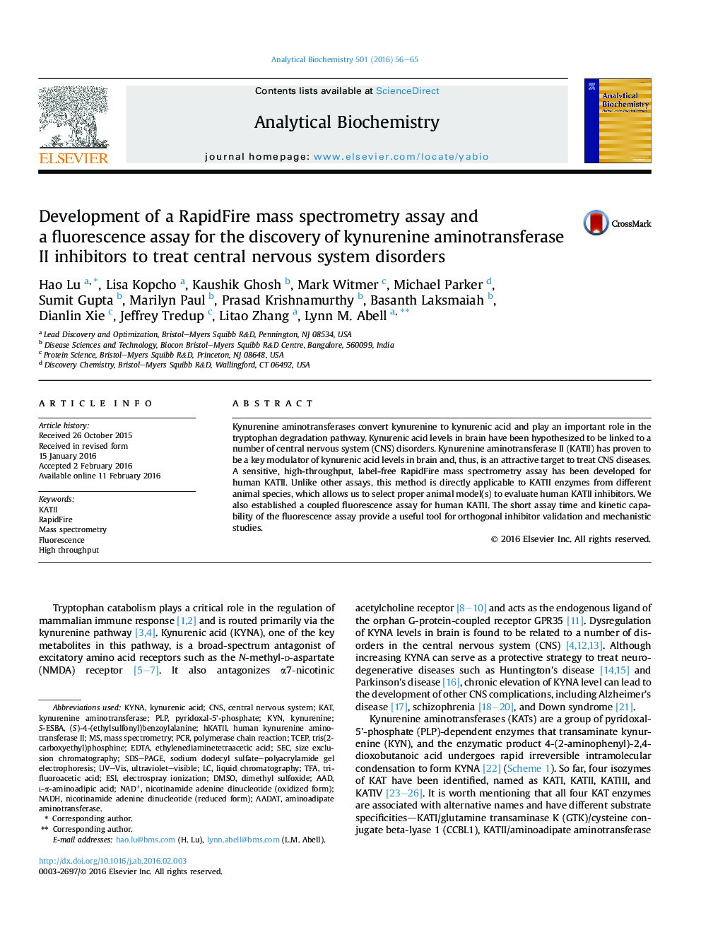 Development of a RapidFire mass spectrometry assay and a fluorescence assay for the discovery of kynurenine aminotransferase II inhibitors to treat central nervous system disorders