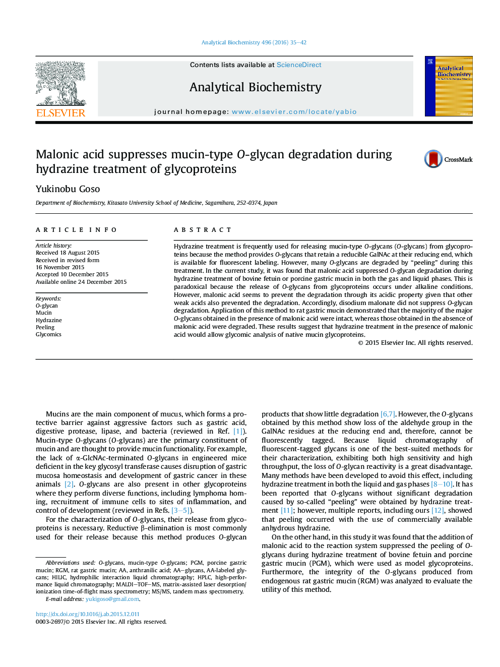 Malonic acid suppresses mucin-type O-glycan degradation during hydrazine treatment of glycoproteins