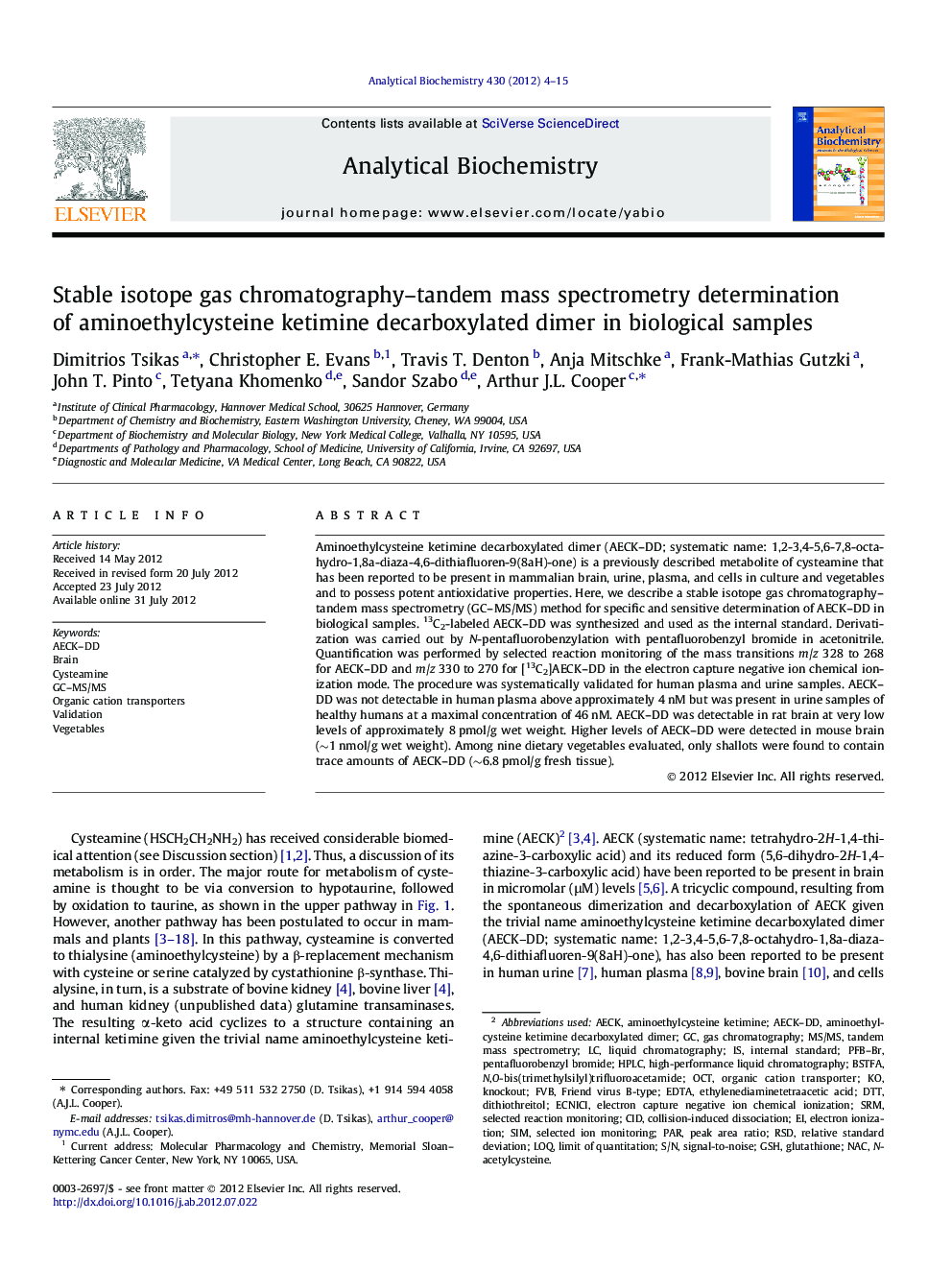 Stable isotope gas chromatography–tandem mass spectrometry determination of aminoethylcysteine ketimine decarboxylated dimer in biological samples