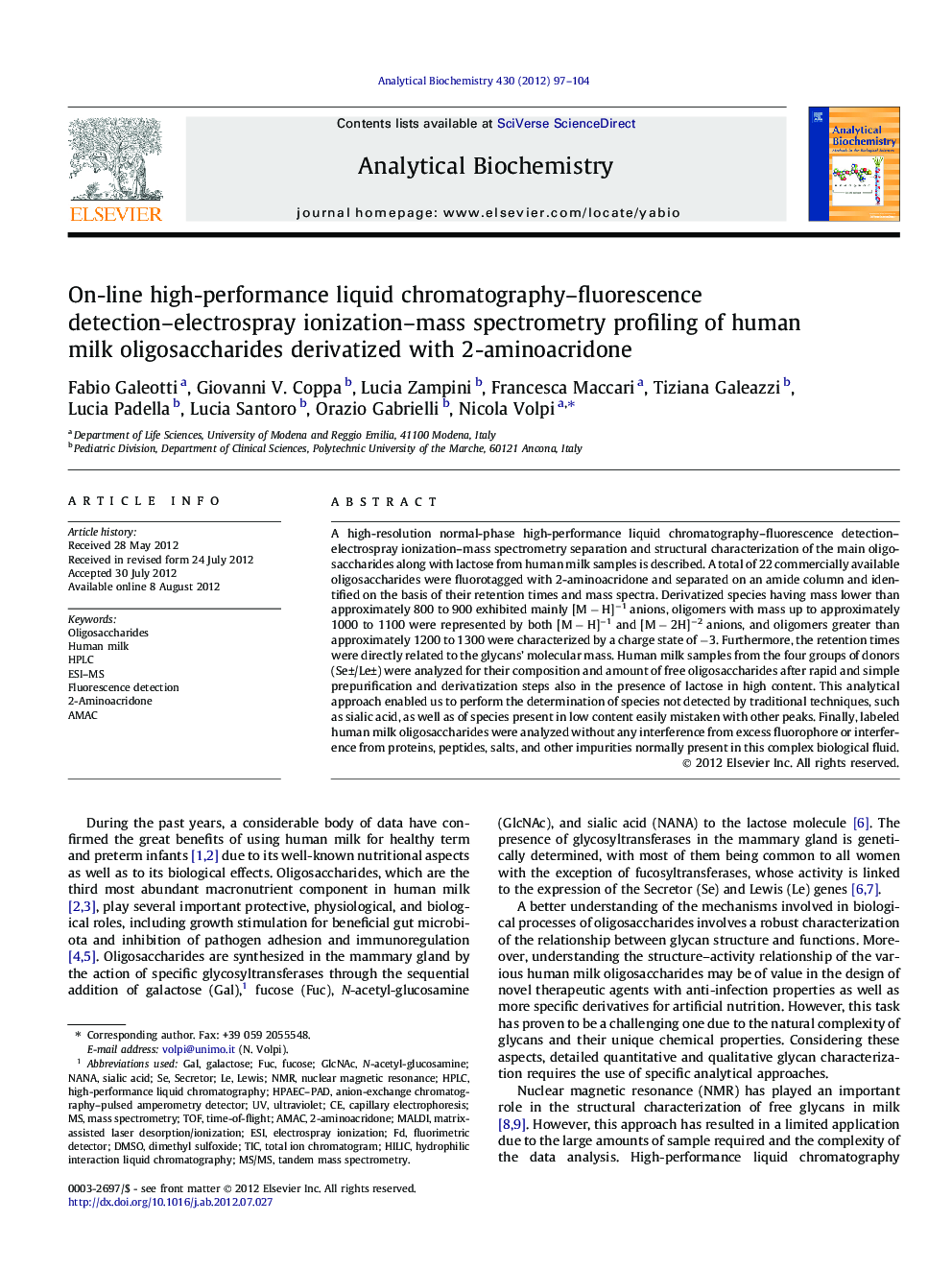 On-line high-performance liquid chromatography–fluorescence detection–electrospray ionization–mass spectrometry profiling of human milk oligosaccharides derivatized with 2-aminoacridone